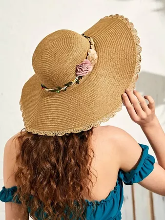 Flower Decor Scallop Trim Straw Hat | SHEIN USA