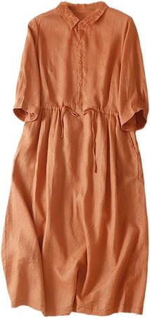 SaoBiiu Blouse Dress Cotton Linen Drawstring Loose Women Casual Summer Shirts Dress Lady Work Dress at Amazon Women’s Clothing store