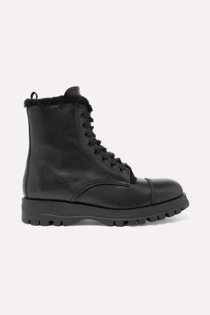 Shearling-lined Leather Ankle Boots - Black