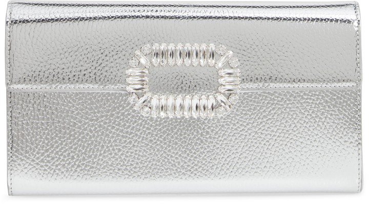 Crystal Buckle Metallic Leather Envelope Clutch