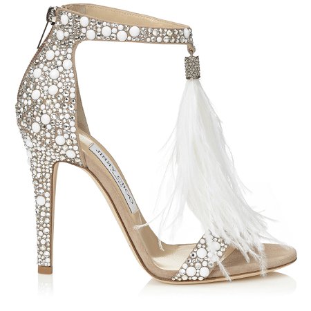 White pump sandals with crystals and white ostrich feather