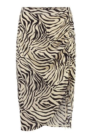 Tiger Print Ruched Split Midi Skirt | boohoo brown
