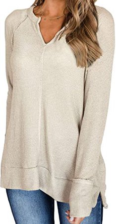 LOLONG Womens Casual Solid T-Shirt Long Sleeve V-Neck Loose Fitting Tunics Beige at Amazon Women’s Clothing store