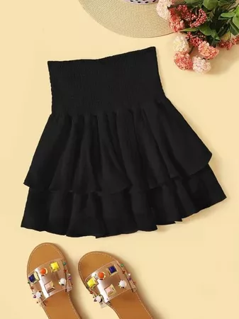 Solid Shirred Layered Ruffle Skirt | SHEIN USA black