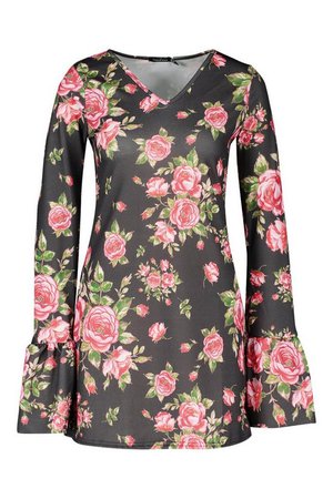 Floral Ruffle Sleeve Shift Dress | Boohoo black
