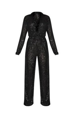 Black Sequin Collar Detail Long Sleeve Jumpsuit | PrettyLittleThing