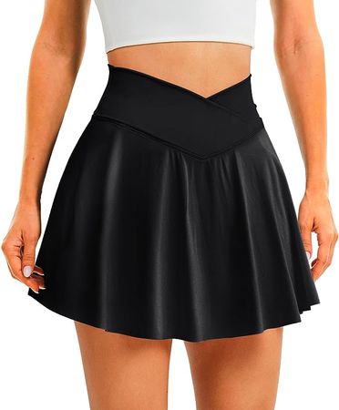 DLOODA Womens Tennis Skirt with Pockets Shorts Crossover High Waisted Athletic Skorts Skirts for Golf Running Workout (Black XS) at Amazon Women’s Clothing store