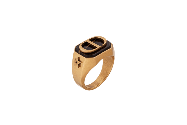 DIOR STONE RING Antique Gold-Finish Metal with a Black Portoro Marble Stone