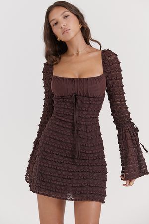 Clothing : Mini Dresses : 'Marisa' Rich Brown Lace Dress