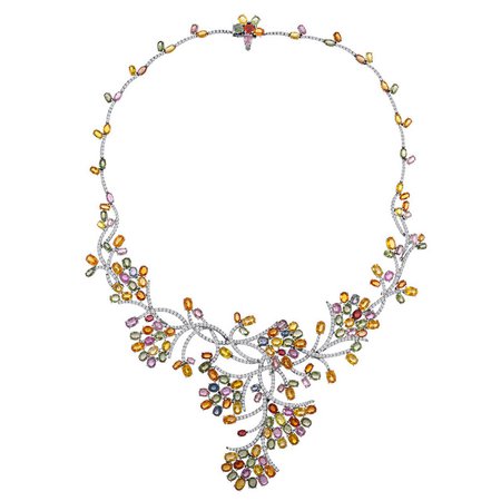 45.00 Carats Multi-Color Sapphire And Diamond Gold Necklace For Sale at 1stdibs