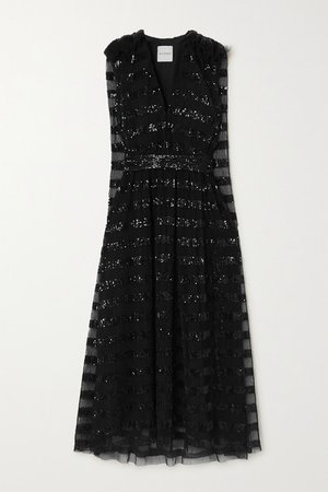 Halpern | Ruffled sequin-embellished pleated tulle midi dress | NET-A-PORTER.COM