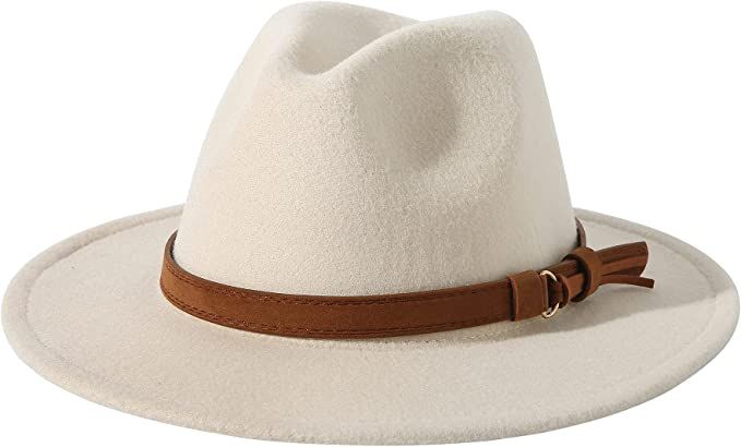 Lanzom Womens Classic Wide Brim Floppy Panama Hat Belt Buckle Wool Fedora Hat (One Size, Camel) at Amazon Women’s Clothing store