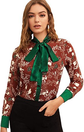 Romwe Women's Solid Print Elegant Bow Tie Neck Long Sleeve Work Office Blouse Top White Floral L at Amazon Women’s Clothing store