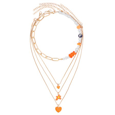 Fashion Orange Love Heart Flower Charm Multilayer Necklaces For Women Gummy Bear Mushroom Pearl Strand Beaded Necklace Jewelry|Chain Necklaces| - AliExpress