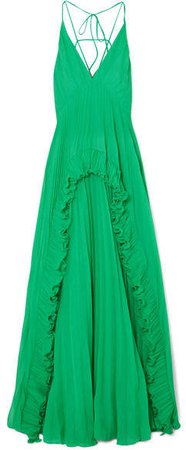 Ruffled Plissé-chiffon Maxi Dress - Green