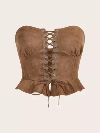SHEIN ICON Western Cowgirl Lace Up Front Ruffle Hem Suedette Tube Top | SHEIN USA