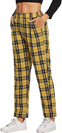 Milumia Women's Casual Plaid Mid Waist Pants Tartan Pocket Trousers Yellow Medium at Amazon Women’s Clothing store