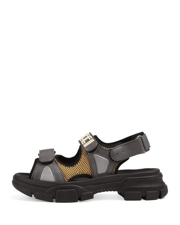 Gucci Leather and Mesh Sandals with Chunky Heel