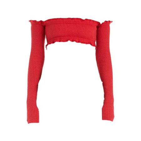 Red Ruffle Detail Knit Bardot Long Sleeve Top