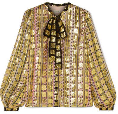 Pussy-bow Printed Fil Coupé Chiffon Blouse - Gold
