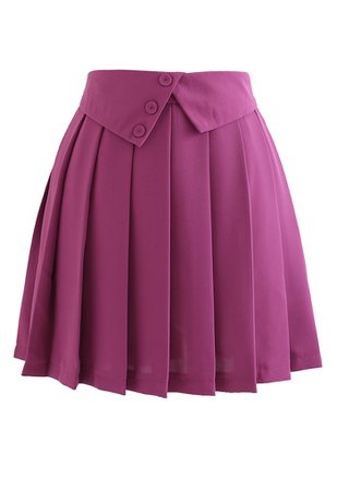Buttoned Folded Waist Pleated Mini Skirt in Magenta - Retro, Indie and Unique Fashion