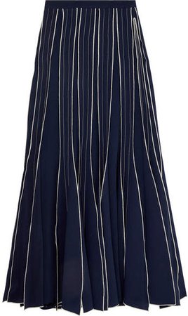Pleated Embroidered Silk-crepe Maxi Skirt - Navy