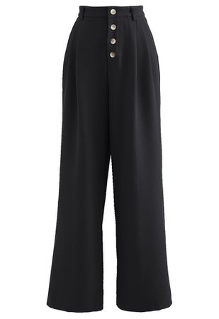 Buttons Closure Straight-Leg Pants in Black - Retro, Indie and Unique Fashion
