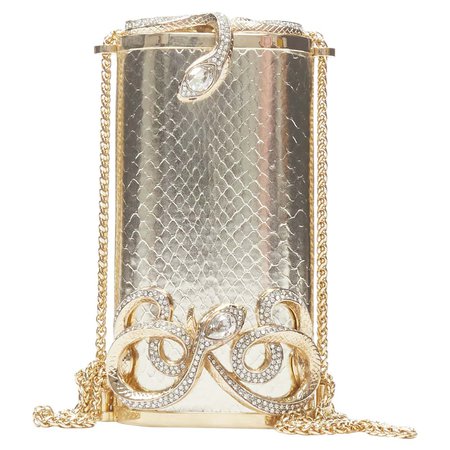 ROBERTO CAVALLI metallic gold leather crystal Serpent snake chain box clutch