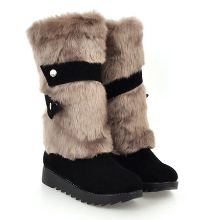 Large Size Faxu Furry Stitching Mid Calf Slip On Warm Knee Boots
