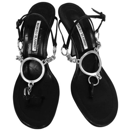 Manolo Blahnik silver ring and chain black leather high heel thong sandals 40 For Sale at 1stdibs