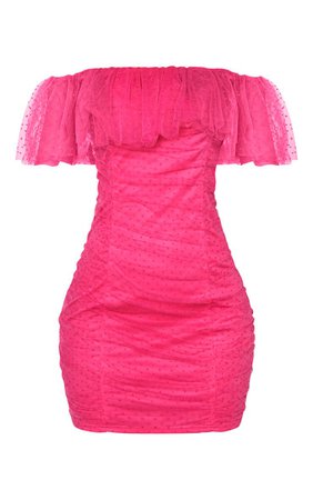 Hot Pink Dobby Mesh Ruffle Bardot Bodycon Dress | PrettyLittleThing