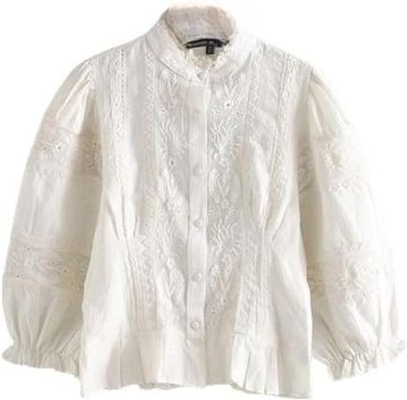 Women Blouse Embroidery Buttons Shirt Female Hollow Out Lace Patchwork Lantern Long Sleeve Lady Short Tops White at Amazon Women’s Clothing store