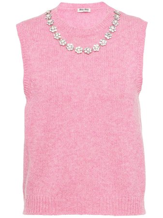 Shop pink Miu Miu floral crystal trim knitted vest with Express Delivery - Farfetch