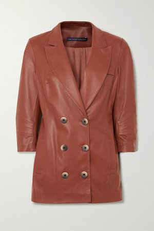 Double-breasted Leather Blazer - Brown