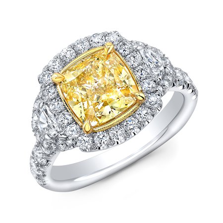1.9 Ct. radiant Cut Canary Yellow Diamond Halo Half Moon Side Stones Yellow Canary Diamond Ring (GIA Certified)