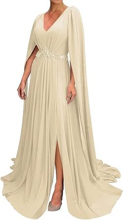 Amazon.com: Mother of The Bride Dresses Long Evening Formal Dress Beaded Wedding Guest Groom Dress V Neck Slit with Cape Shawl : Clothing, Shoes & Jewelry