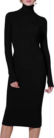 ninovino Women's Turtleneck Ribbed Long Sleeve Bodycon Midi Dress Black-S at Amazon Women’s Clothing store