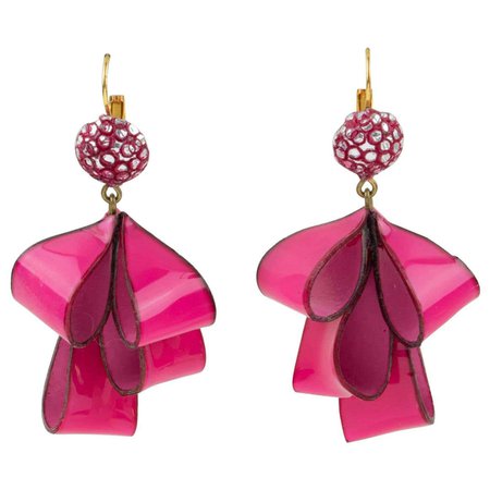 Cilea Paris Dangle Resin Pierced Earrings Hot Pink Ribbon For Sale at 1stDibs