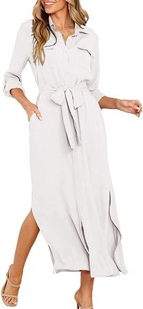 Fekermia Women Button Down Dress Rolled-Up Sleeve Maxi Shirt Dress with Belt and Pockets White X-Large at Amazon Women’s Clothing store