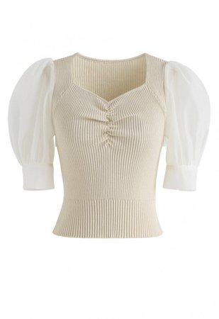 Ruched Bubble Sleeves Cropped Knit Top in Sand - NEW ARRIVALS - Retro, Indie and Unique Fashion