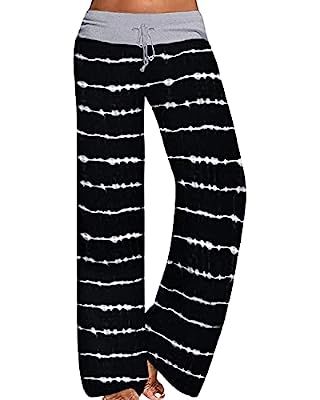 iChunhua Women's Casual Pajama Pants Floral Print Drawstring Palazzo Lounge Pants Wide Leg L Black at Amazon Women’s Clothing store
