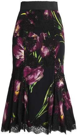Fluted Lace-trimmed Floral-print Silk-blend Midi Skirt