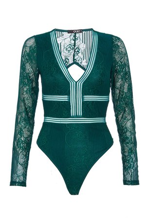 TOWIE Green Lace Long Sleeve Bodysuit - Quiz Clothing