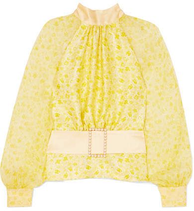 HARMUR - Open-back Floral-print Silk-satin And Crepon Blouse - Pastel yellow