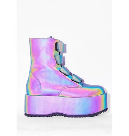 Current Mood Rainbow Reflective Velcro Strap Platform Boots | Dolls Kill
