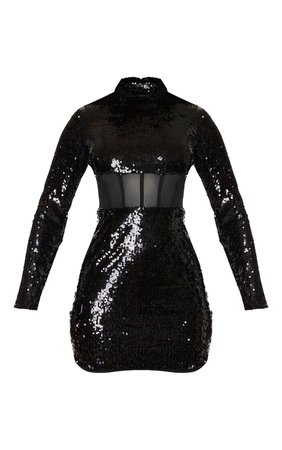 Black Sequin Long Sleeve Corset Waist Dress | PrettyLittleThing