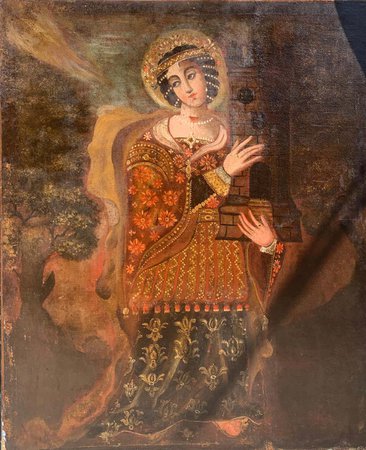 Peruvian School-Cuzco (18) - Large 18th Century Spanish Colonial (Cuzco) Oil Painting of Saint Barbara For Sale at 1stdibs