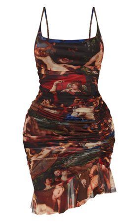 Shape Multi Renaissance Print Mesh Ruched Mid Dress | PrettyLittleThing