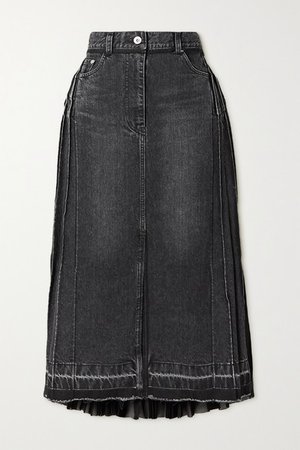 Pleated Denim And Chiffon Midi Skirt - Black