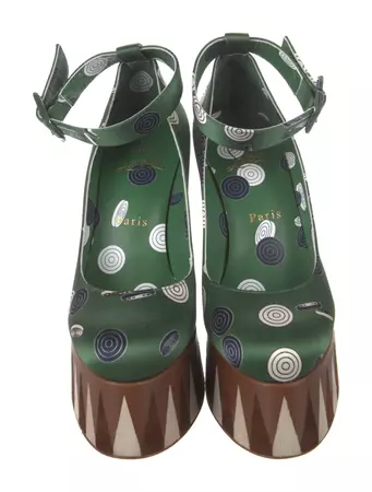 Christian Louboutin Green satin ankle strap block heel platform printed pumps heels